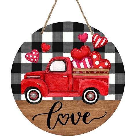 Support Pour Porte - Panneau En Bois Avec Camion Rouge Et Cœurs - Décor Rustique Pour Entrée Intérieure Ou Extérieure - 1 Pièce (1/5)