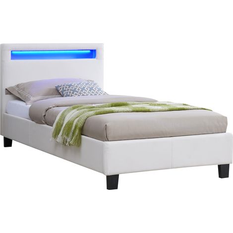 Idimex – Lit simple Luceno blanc 90x190 cm – Tête de lit rembourrée avec éclairage LED – Sommier à lattes inclus – Design moderne