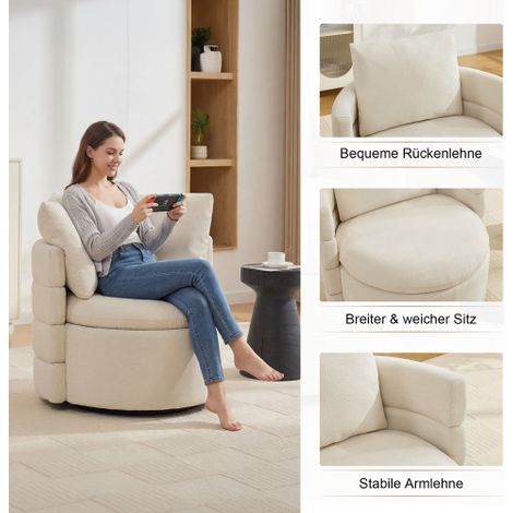 Fauteuil rétro en tissu – Dossier incurvé, pivotant à 360°, espace de rangement intégré, coussin décoratif, blanc cassé – Confort et fonctionnalité vintage (1/3)