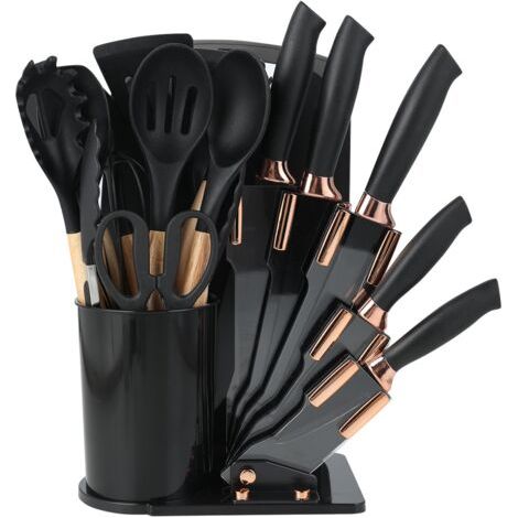 BUNTHAUS Lot de 19 couteaux de cuisine en silicone avec 12 ustensiles de cuisine, 5 couteaux, planche à découper et support, passe au lave-vaisselle (1/5)