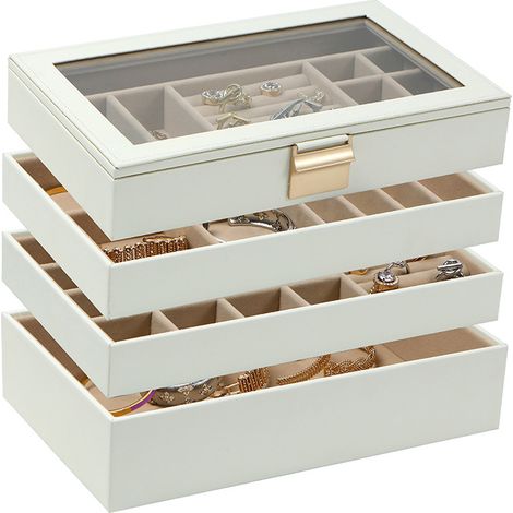 Coffret à bijoux à quatre niveaux, coffret à bijoux empilable, grand coffret à bijoux, coffret à bijoux avec couvercle en verre, 17 x 28 x 18,3 cm, coffret à bijoux avec tiroirs, blanc