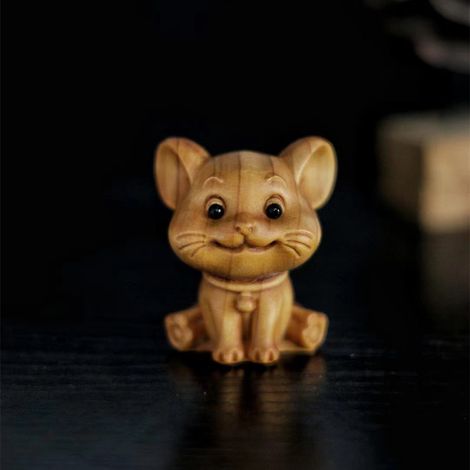 Objet portatif sculpté en bois de cyprès des falaises, figurine mignonne de rat du zodiaque, artisanat en bois, pendentif rat, cadeau antique. (1/5)