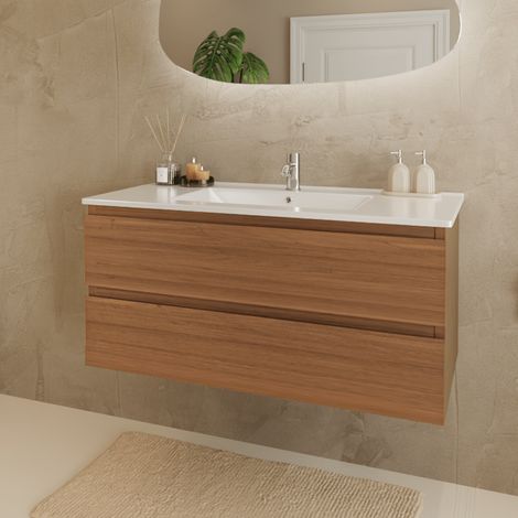 Meuble de salle de bain suspendu 100cm – MDF résistant à l'humidité – Lavabo en céramique blanc – Tiroirs à fermeture douce (1/5)