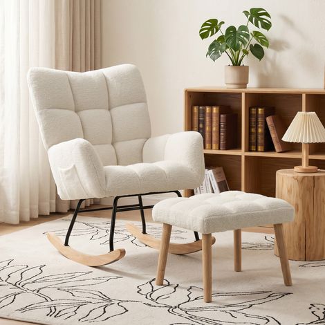 Fauteuil à Bascule avec Repose-Pieds, Rocking Chair en Tissu Bouclette, Assise Rembourrée, Dossier Large, Crème (1/5)