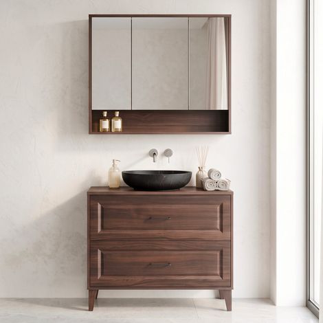 Waschtisch-Set Einzelwaschbecken 100 cm und Wandspiegelschrank Moka Dunkles Holz (1/5)