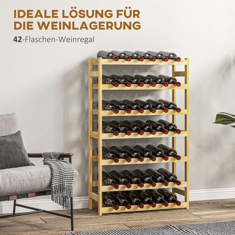 Casier à vins 7 niveaux, rangement 42 bouteilles, système anti-chute, bois de pin massif, dimensions 63x25x102 cm, teinte naturelle (1/4)