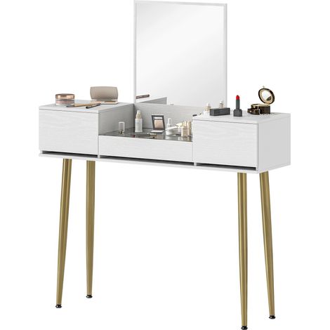 Tocador avec miroir carré et tiroirs 105,5x30x130,5 cm Blanc Doré