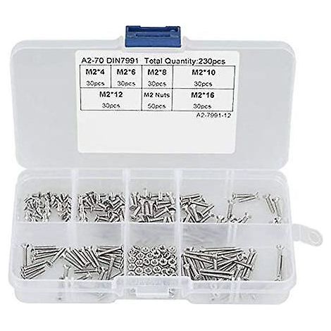 Kit surtido de 230 tornillos metálicos M2 304, tornillos cilíndricos de cabeza plana, pernos de acero inoxidable y tuercas. (1/5)