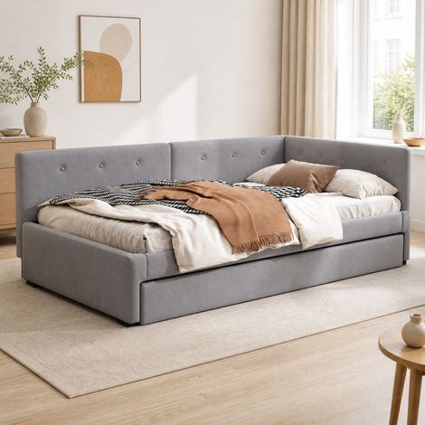 Lit gigogne 90x200 cm en velours gris, gain de place pour chambre ou salon, sans matelas FloraGrace (1/5)