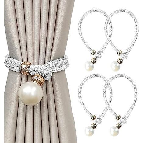 CSPARKV 48cm 4 Pieces Curtain Tiebacks, Large Beaded Curtain Holdbacks for Home, Office Etc. Decoration (White)