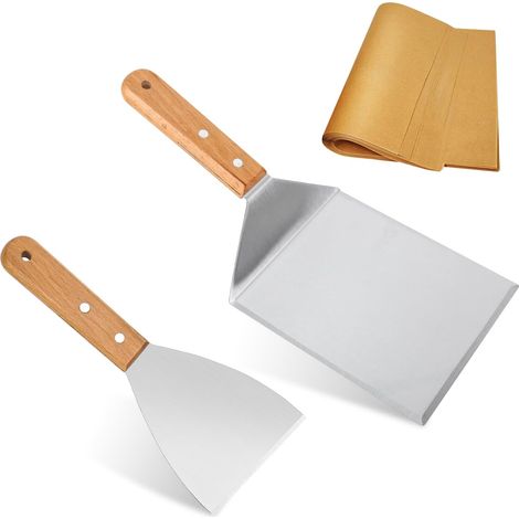 Spatule à Grill Ensemble de Spatules à Grill avec Manche en Bois, Couverts à Grill Ensemble d'outils de Barbecue en Acier Inoxydable avec Papier à Burger (1/5)
