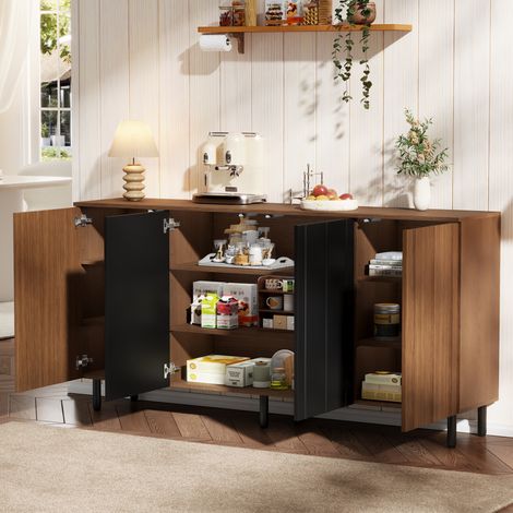Sideboard 160 × 35 × 80 cm in Nussbaumoptik und Schwarz mit 4 Türen und verstellbaren Einlegeböden (1/5)