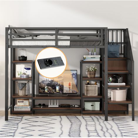 Lit mezzanine 90/200 cm noir en métal avec support téléviseur et prise intégrée (1/5)