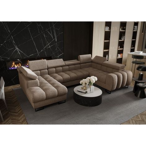 Wohnlandschaft Schlafsofa BASTIEN in Stoff Aragon Beige Ottomane Links