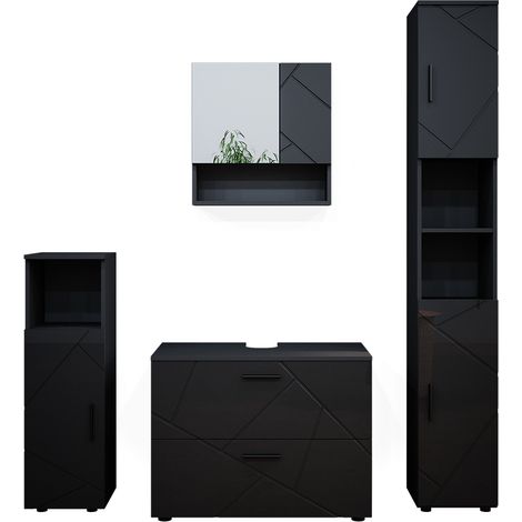 Conjunto de muebles de baño Irma, Antracita alto brillo, 4 piezas, con cajonera y armario alto, Vicco