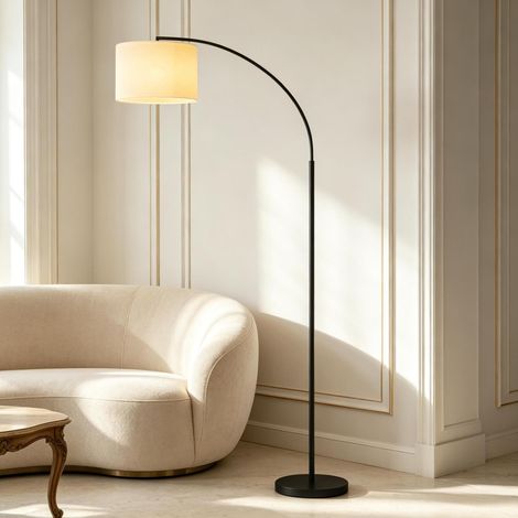 Lampadaire arc 104,2x32x180,6 cm en métal et tissu noir/crème, moderne pour salon FLORAGRACE (1/5)