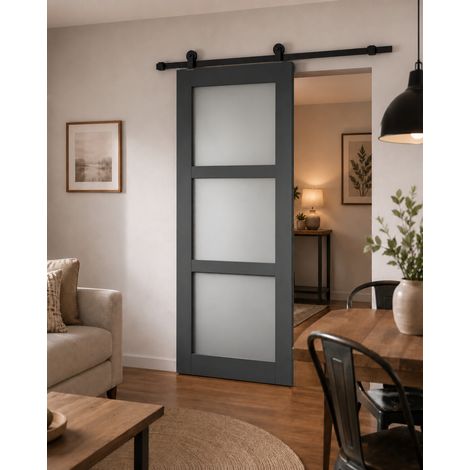 Porta scorrevole in Grigio Antracite RAL 7016 'Blakeria' Modello H204 x L93 + Binario a rulli nero (1/2)