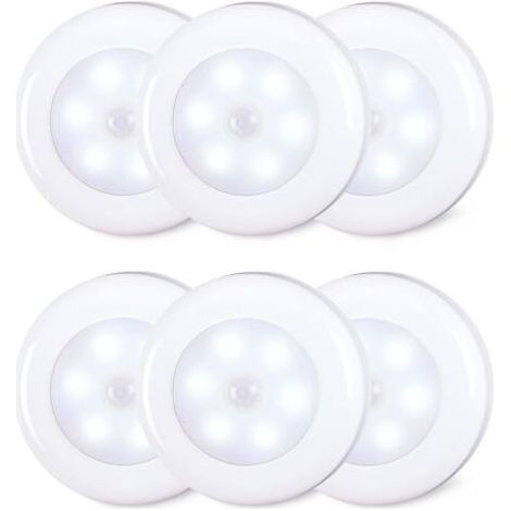 Ede Lot de 6 lampes LED d'intrieur dtecteur de mouvement de 8 cm, alimentes par piles AAA, coller pour escaliers, sous les armoires, placards, blanc froid