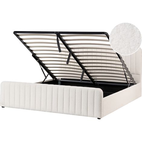 Cama con almacenaje elevable de bouclé acolchado patas metal 180 x 200 cm blanco Lunan (1/5)