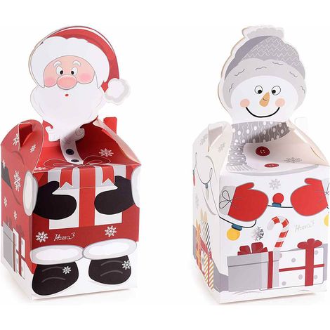 Scatole natalizie in carta con chiusura sagomata a tema Babbo Natale e pupazzo di neve, set da 80 pezzi, cm8,5x8,5x10H (con decoro19)