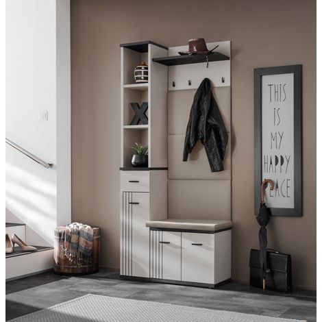 Ensemble meuble d'entrée Hugo V avec coussin d'assise - Bois MDF cachemire et noir - 90 x 203 x 32 cm - Livraison gratuite (1/5)