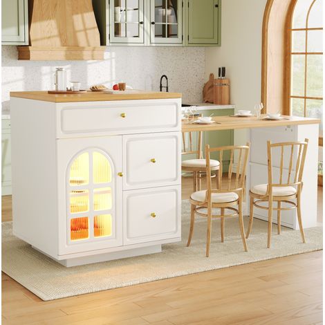 Îlot cuisine extensible 122,5-195,5x59x93,5 cm MDF blanc, rangement cuisine FloraGrace (1/5)