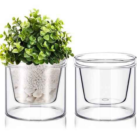 10 cm großer, selbstbewässernder Blumentopf für Zimmerpflanzen, durchsichtiger Glastopf, kleiner Topf mit Untersetzer, Wasserreservoir, Abflusslöcher im Boden, Topf für