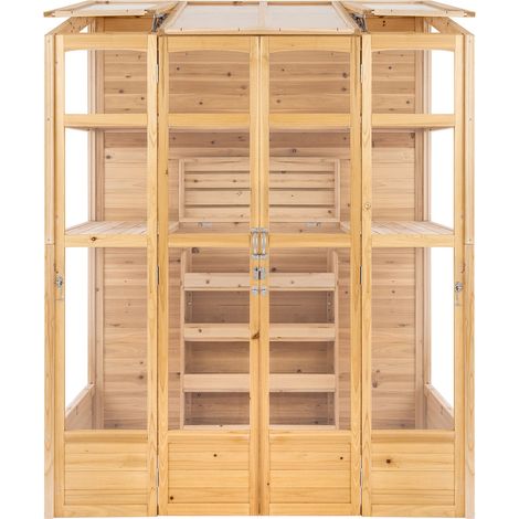 Serre de Jardin Adossée 2 m x 1,55 m en Bois Naturel Style Classique Haut Mur Peinture Imperméable Accessible Adossé 2 Portes Battantes Toit Ventilation Automatique Porte à Loquets [Jardinière INCLUS]