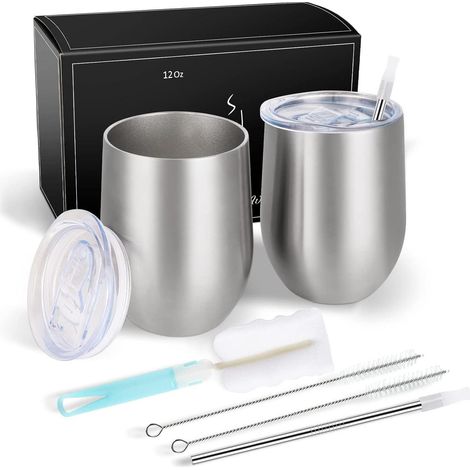 Verres à vin en acier inoxydable 12oz sans pied avec couvercle, lot de 2 (1/5)