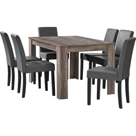 Table à manger en chêne ancien avec 6 chaises gris-foncé cuir-synthétique rembourré 140x90 cm (1/5)