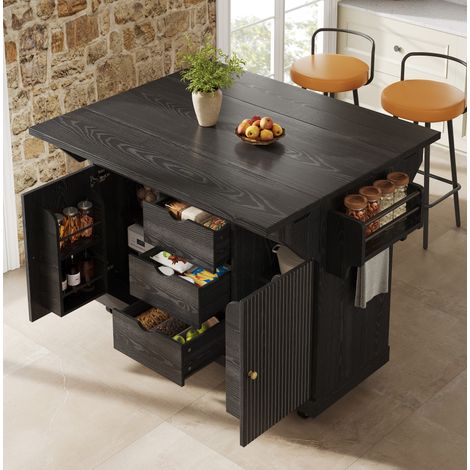 Carrito de cocina (142.5x80x95 cm) con extensiones abatibles, 3 cajones, ruedas con freno, MDF negro (1/5)