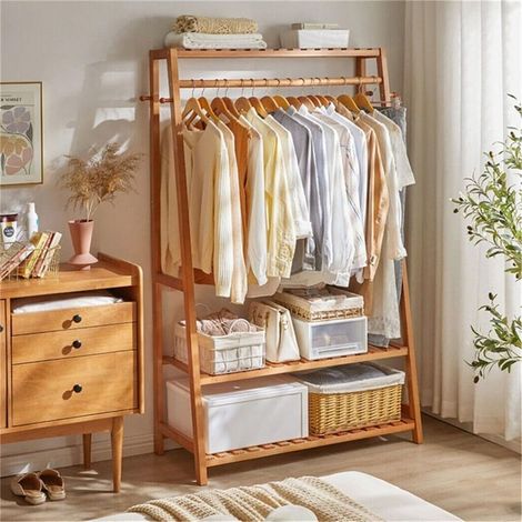 Portant À Vêtement Solide: Penderie Vêtement Armoire Rangement pour Vêtements et Penderies en Bambou Portique Vêtement et Range Chaussures pour Salon Chambre Dressing - 43.5x80x165cm (1/5)