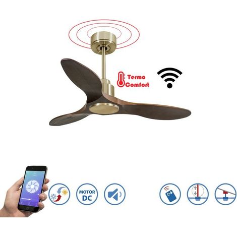 Tenerife - Super destratificateur et ventilateur DC 106 cm laiton pales bois sombre idéal 10 à 20 m²