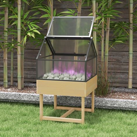 Mini serra su gambe, dimensioni 60L x 57W x 103H cm, tetto a doppia cerniera, pannelli in policarbonato, acciaio, legno di abete trattato