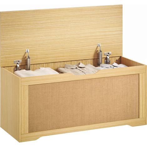 Banc coffre de rangement - HOMCOM - couvercle amovible - charnières de sécurité - bois et rotin tressé - 100x40x45cm - chêne (1/5)