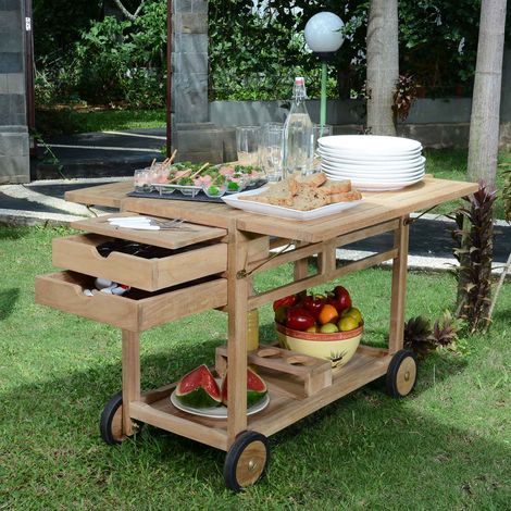 Teck'Attitude – Desserte de jardin en teck massif – 2 plateaux rabattables – Dimensions H 83 x L 93 x l 66 cm – Imputrescible et résistant aux intempéries (1/4)