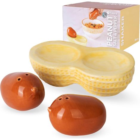 Fisura – Set saliera e pepiera originale «arachide» in ceramica. Coppia decorativa da tavola con design a forma di nocciolina. 2 pezzi creativi. Dimensioni 13 x 6,5 cm (1/5)