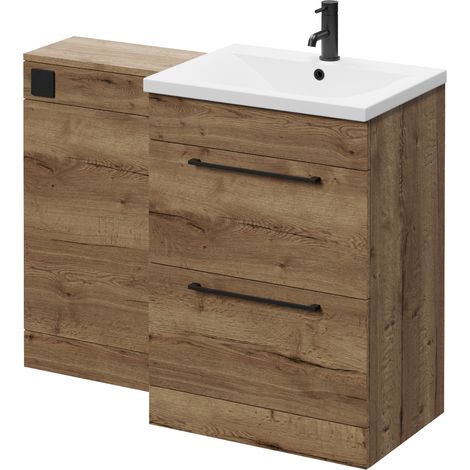 Napoli 460 Tobacco Oak 1100mm 2 Drawer Vanity Unit Toilet Suite with Glide Basin - 1100mm - Matt Black 320mm HandleWithout Kingston Toilet Pan