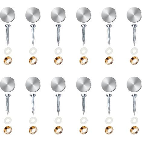 Lot de 12 vis à miroir - Vis décoratives - 16 mm - En acier inoxydable - Avec rondelles - Vis décoratives argentées - Pour tables, panneaux de salle de bain, verre, miroir et décoration en (1/5)