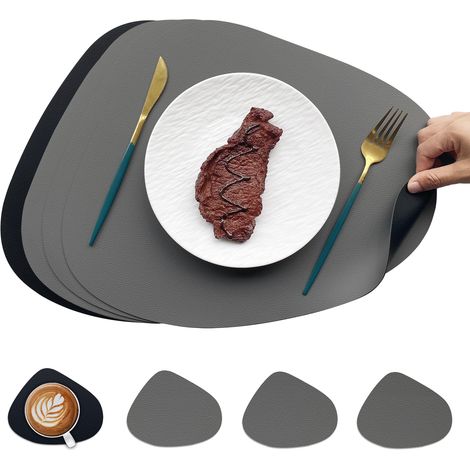 Doppelseitiges Leder-Untersetzer-Set für Hotels – 4-teiliges Set mit Untersetzer, Wärmeisolierung und Hitzeschutz, ökologisches westliches Design (Grau + Schwarz)-lsw
