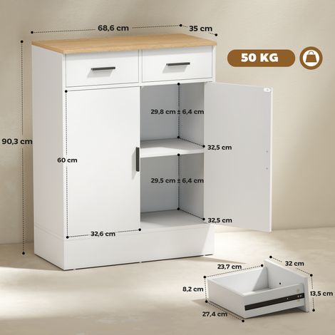 Buffet avec espace de rangement, commode à 2 tiroirs, étagère réglable, pour cuisine, salon, entrée, bois naturel, blanc (1/5)
