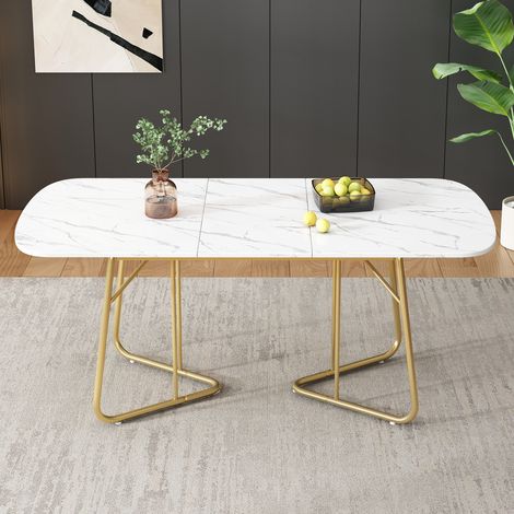 Table à manger blanche extensible structure marbre pieds métal doré 140/18080cm style luxe adaptée 4 à 6 personnes.