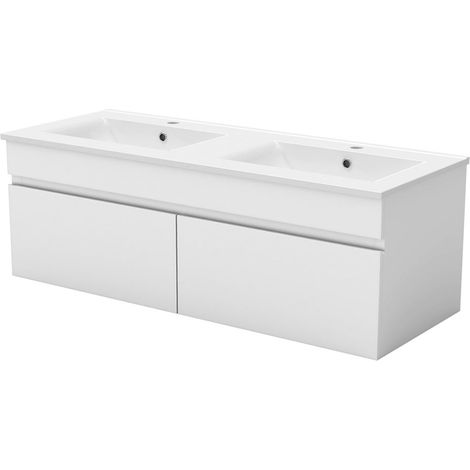 Ocean Sanitaire – Meuble double vasque 120x45x40cm – 2 portes – MDF – Lavabo céramique blanc – Montage facile avec notice illustrée (1/5)