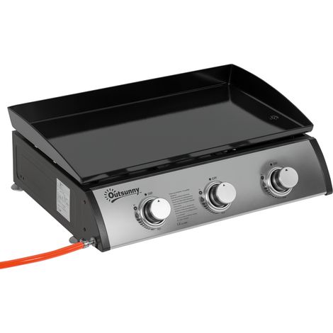 Plancha gaz inox 3 brûleurs 9 kW, surface antiadhésive, grande zone de gril 61 x 35,5 cm