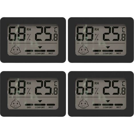 Mini digital indoor thermometer and hygrometer with switch and smiley face indicator for baby's room. Measures temperature and humidity.