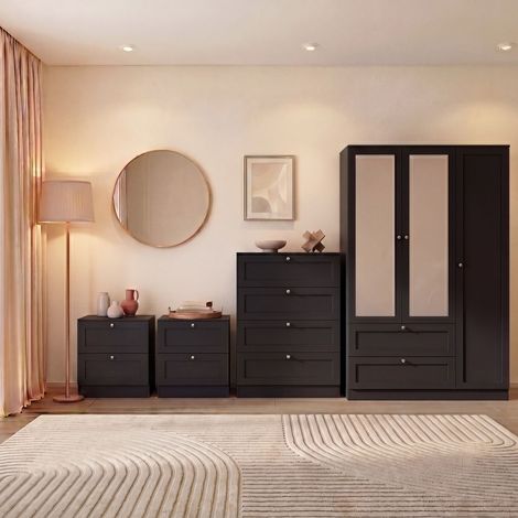 Altino 4 Piece Bedroom Set with 2 Drawer Bedside, Set of 2, 4 Drawer Chest, 3 Door 2 Drawer Wardrobe, Black (1/4)