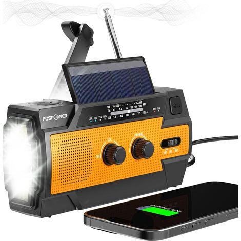 Radio portátil con manivela, alimentada por energía solar, compatible con las bandas AM/FM/WB, con linterna LED y función de alarma de emergencia SOS. (1/5)