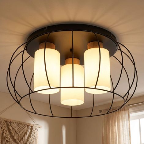 LED Deckenlampe Deckenleuchte Esszimmerlampe schwarz Holz Eiche Glas D 50 cm