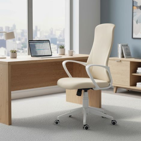 Drehbarer Bürostuhl, höhenverstellbar, mit Armlehnen, Wippfunktion, hoher Rückenlehne, 62 x 56 x 110–119,5 cm, Beige