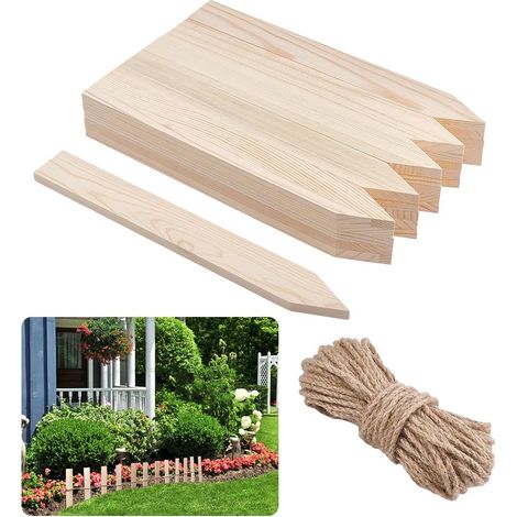 26Pcs Piquets de Jardin en Bois 290x35x9mm avec 20m de Corde de Chanvre Couleur Amande Blanchi Piquets de Clôture de Jardin Supports pour Plantes pour Clôture d'Aménagement Paysager (1/5)